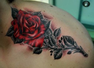 Red Rose Tattoo with Black Leaves