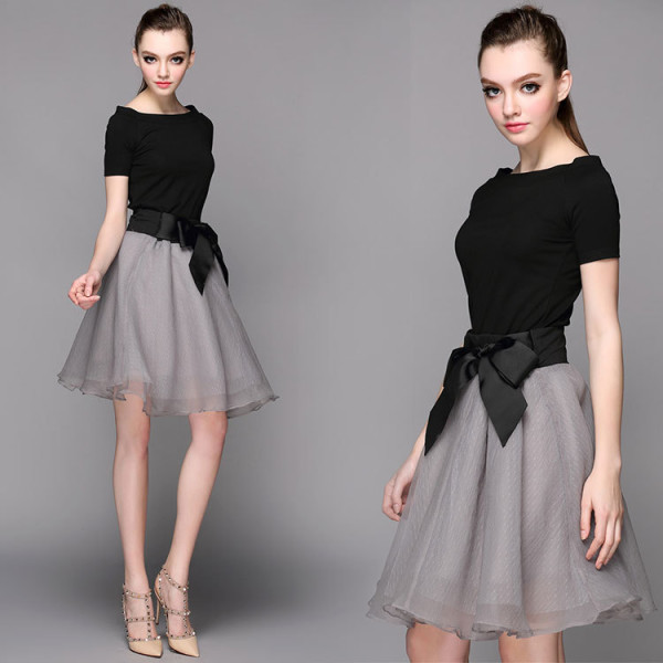 New-Fashion-2015-Summer-Women-Skirt-Set-Black-Tops-and-Big-Bow-Decorative-Knee-Length-Mesh