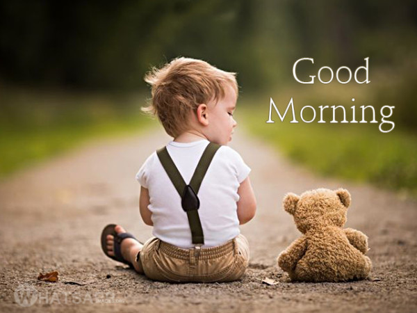cute baby with teddy bear good morning image