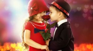 Black Suit Boy Givinig Red Flower to Red Suit Girl